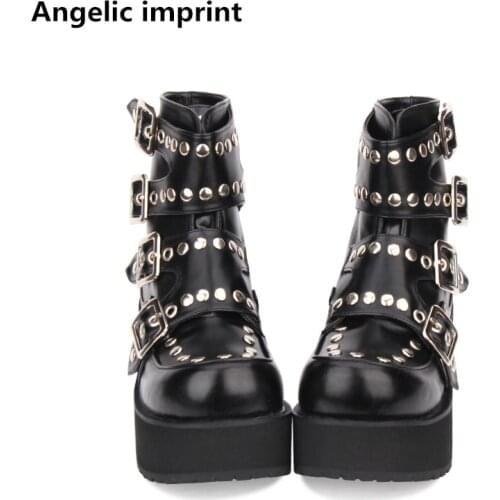 Angelic imprint mori girl Women motorcycle punk shoes lady high heels lolita ankle boots woman princess dress pumps 33-47 8cm