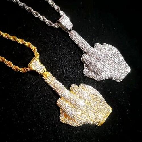 Rock Middle Finger Pendant Necklace for Mens Hip Hop Jewelry Cool Fashion Rapper Chain Full Zircon Necklace Mens Party Pendant