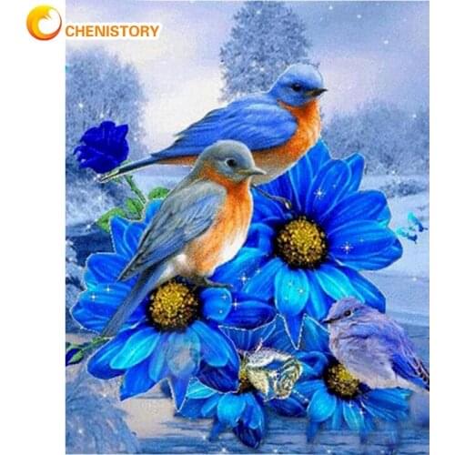 CHENISTORY Framed Oil Painting By Numbers Kits For Adults Blue Flower And Birds Paint Diy Framed Modern Home Room Wall Decor