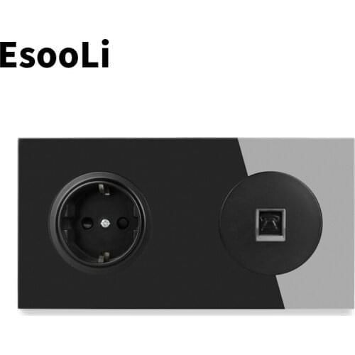 Esooli Black Crystal Tempered Glass Panel EU Standard Wall Socket RJ11 Telephone Connector Phone Jack Socket Knight Black