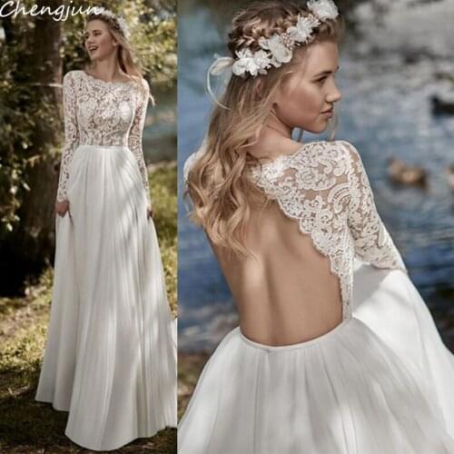 Chengjun Classic Full Sleeves Bare Back A Line Chiffon Boho Wedding Dress 2019