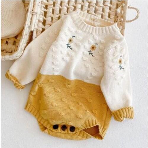 Baby Girl Rompers Girl Long Sleeves Knit Sunflower Embroider Rompers 2021 Autumn Baby Girl Newborn Rompers Clothes