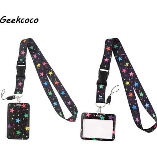 J2713 Creative Fashion Cartoon Colorful Star Lanyards With Buckle Bus ID Name Work Card Cover Badge Holder Accessories Gifts