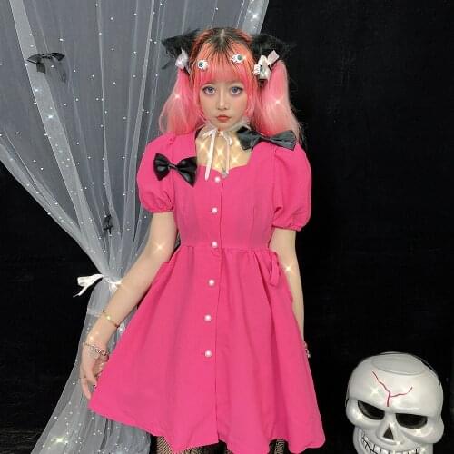 Summer Sweet Women‘s Dress Beautiful Bow Princess Soft Girl High Waist Dresses Japanese Kawaii Puff Sleeve Rose Red Streetwear