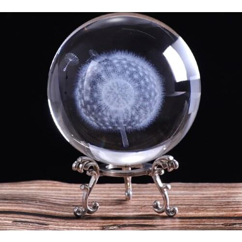 60mm/80mm Crystal Miniature Dandelion Ball 3D Laser Engraved Glass Craft Sphere Home Decoration Ornament Birthday Gift Feng Shui