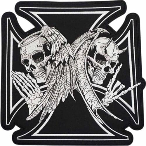 11.5" XL Large ANGEL N DEVIL SKULL BLACK CROSS LARGE MC PATCHES for Clothing BIKER LEATHER JACKET BACK Skeleton Black White