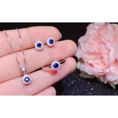 New Design Sapphire Set Natural And Real Sapphire Jewelry set 925 sterling silver 1pc Ring,1pc Pendant,2pcs Earring