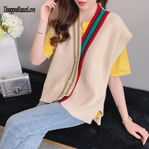 Autumn Knitted Sweater Vest Women Casual Cardigan Sweater Short Vest Femme Button Sleeveless Vintage Waistcoat Ladies Tops