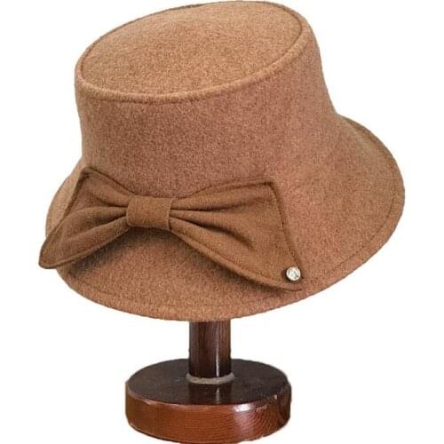 2021 New Hats for Women Solid Bow Wool Bucket Hat Warm Female Cap Winter Outdoor Flat Top Panama Cap Fashion Ladies Hat