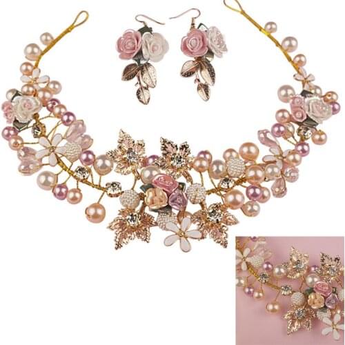 Luxury Pink Pearl Bridal Crowns Handmade Tiara Bride Headband Crystal Wedding Diadem Queen Crown Wedding Hair Accessories