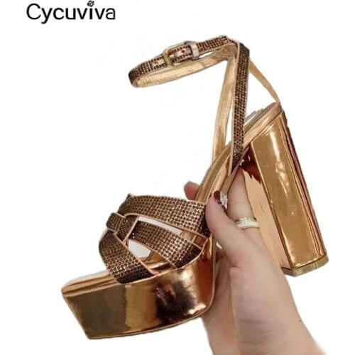 High Quality Platform Sandals Women Gold Crystal Chunky High Heel Shoes Peep Toe Cross Weave Leather Sandals Summer Party Shoes