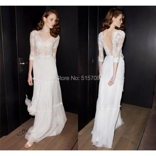 Simple Design Long Sleeves Wedding Dresses A Line V Neck Lace Floor Length Chiffon Backless Custom Made Bridal Gowns