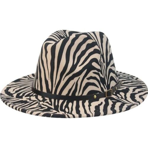 Women winter hats wide brim zebra print belt band fedora hats formal dress wedding church black grey vintage felted fedora hats