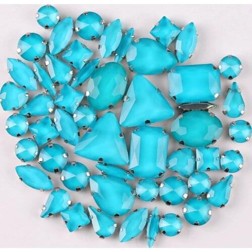 Silver claw settings 50pcs/bag shapes mix jelly candy Blue zircon glass crystal sew on rhinestone for garment shoes bags diy