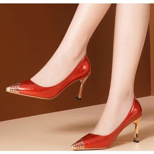 High heeled shoes womens patent leather metal pointed pumps shoes 2021 spring autumn new red wedding shoes black work shoes 34