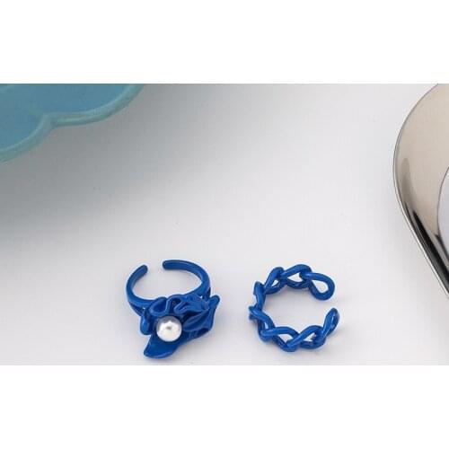 U-Magical Korean Fashion Handmade Enamel Macaron Blue Flower Open Ring for Women Chain Pearl Hollow Double Layer Ring Jewelry
