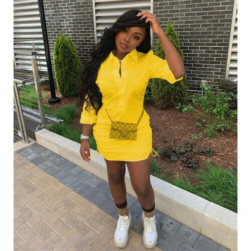 Side Ruched Drawstring Womens Blouse Shirt Dress Turn Down Collar Full Sleeve Bandage Dresses Spring Autumn Buttons Up Vestido