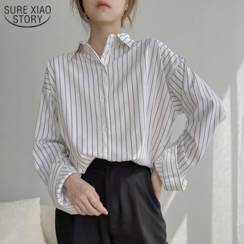 Casual Loose Office Lady Style Long Sleeve Top Female Korean Striped Womens Blouse Singel Breasted Fashion Women Shirts 11876