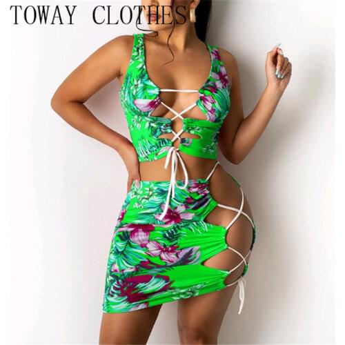 Women U-Neck Floral Print Lace-up Sleeveless Crop Top & Skirt Sets Chic Summer Wear