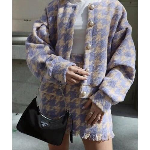 Vintage Sweet Women Pearl Button Black Check Gingham Plaid Blazer High Waist Mini Short Skirts Long Sleeve Suits 2 Pieces Set