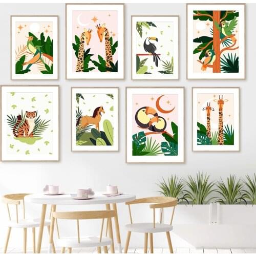 Tropical Jungle Animal Toucan Parrot Giraffe Tiger Wall Art Canvas Painting Nordic Posters And Prints Decor Pictures Kids Room