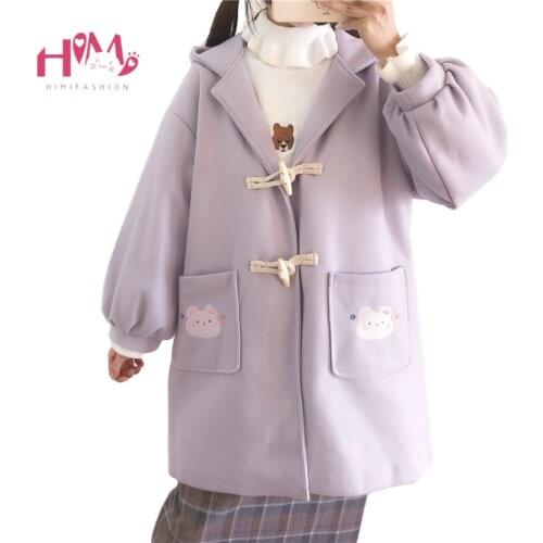 Winter Kawaii Wool Blend Coat Women Mori Vintage Cute Bunny Rabbit Woolen Jacket Teen Girls Outerwear Loose Warm Long Cape Coat