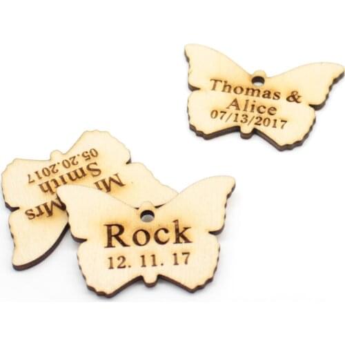 100*Personalized Engraved Wooden Wine Charm Custom Wood butterfly Label Tags Party Gifts Decoration Favors