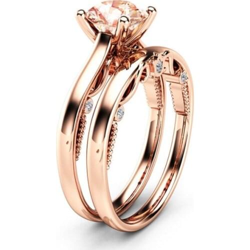 2PCS/Set Exquisite Womens Round Champagne Color Inlaid Crystal Bridal Engagement Wedding Ring Banquet Anniversary Ring Set