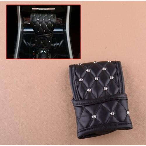 Car Bling Bead Black PU Leather Shift Knob Cover Protector Decor Fit For Automatic Transmission Decoration
