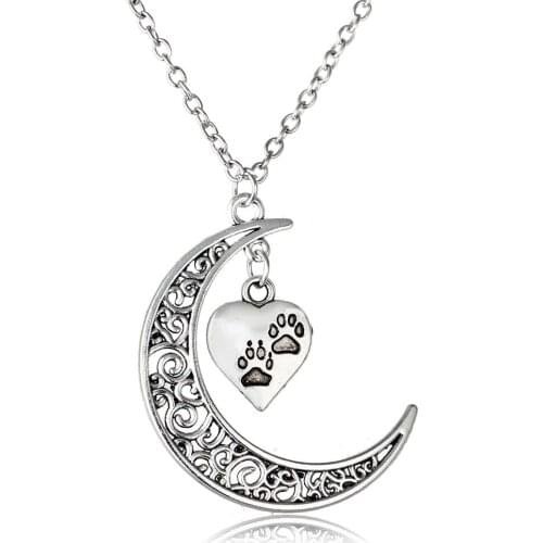 Love Heart Animal Cat Dog Paw Print Hollow Moon Pendant Chain Necklace Animal Rescue Memorial Jewelry Gift For Pet Owner Friends