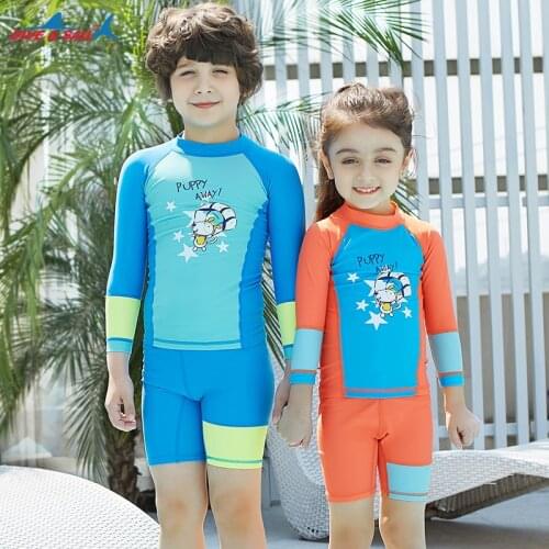 Kids Swimsuit Basic Skins UPF 50+ Long Sleeve Sun Shirt + Shorts Two Piece Set Girls Boys Bathing Suit Sun UV Protect Rashguards