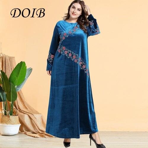 DOIB Women Blue Velvet Muslim Dress Floral Embroidery Full Sleeve Long Abya Dress 2020 Autumn Winter Plus Size Maxi Dress