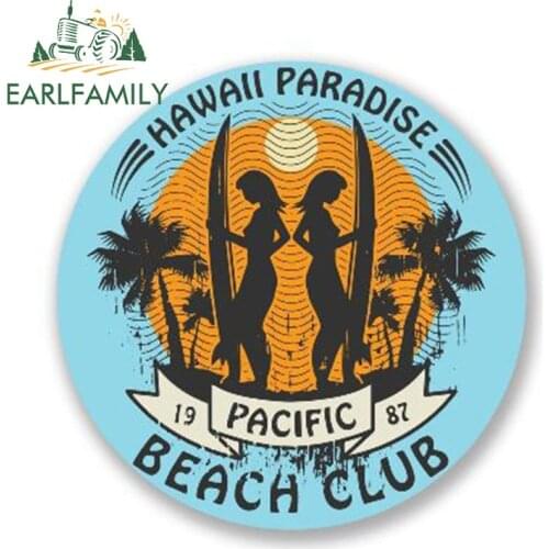 EARLFAMILY 13cm x 13cm Car Styling Hawaii Surf Car Sticker Vinyl BEACH CLUB Laptop Travel Luggage Decal Waterproof Accessories
