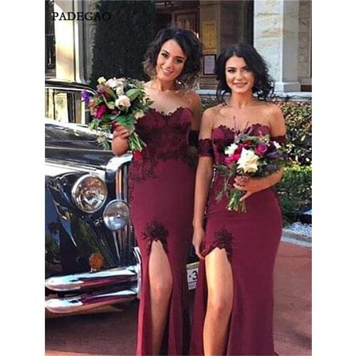 Elegant Red Long Bridesmaids Dresses Mermaid Off Shoulder Appliques Side Split Bridesmaids Dresses Prom Custom Made