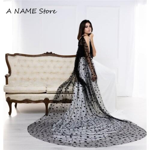 Black Bridal Cape Veils Tulle Small and Big Stars Backless Veil Wedding Capes Shoulder Veils Cathedral Long Shawl for Brides