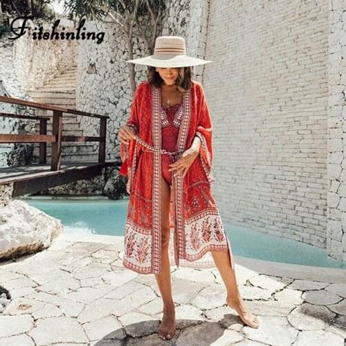 Fitshinling Bohemian Holiday Beach Kimono Cover-Up Swimwear Print Floral Summer Long Cardigan With Sashes Slim Sexy Bikini Cover