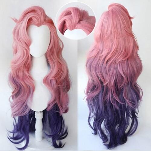 Game LOL Seraphine Pink Purple Gradient Wavy Long Cosplay Heat Resistant Synthetic Hair Halloween Party + Free Star Stickers
