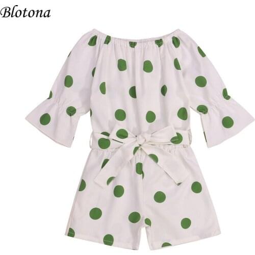 Blotona Little Girls Casual Overalls, White Wavy Points Printed Pattern Short Sleeve Boat Neck Romper, 2-7Years