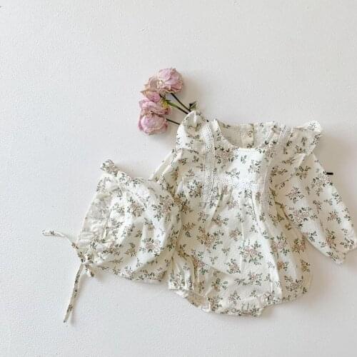Baby Girls Korean Style Romper Floral Lace Puff Sleeve Bobysuit