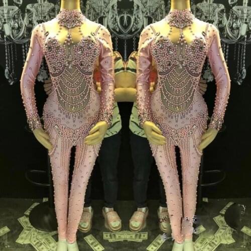 Pink Pearl Crystals Jumpsuit Bling Glass Diamond Skinny Elastic Bodysuit Bar Female Singer Stage Costume Birthday Party costumes
