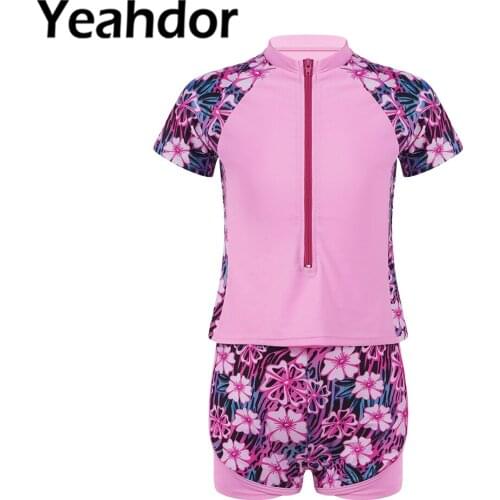 Kids Girls Swimwear Swimming Suit Stand Collar Short Sleeves Front Zipper Closure Print Tops and Shorts Set Children Swimsuit