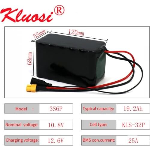 KLUOSI 12V 19.2Ah 10.8V 20Ah 3S6P 12.6V Lithium Battery Pack 250Watt High Power for Motor Scooter Light Etc with 25A BMS XT60