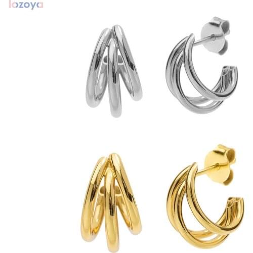 LOZOYA 925 Sterling Silver 19mm Three Line Circle Rock Punk Cross Hoop Gold Women Luxury Loop Circle Big Thickness Jewelry