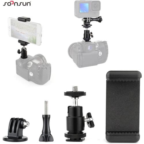 SOONSUN 1/4 Flash Hot Shoe Adapter Cradle Ball Head Ball w/ Lock + Phone Clip Bracket Holder Mount for Nikon DSLR SLR Cell Phone