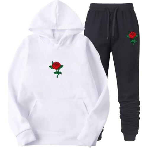 2020 Men Hoodies Suit Rose Flower Tracksuit Sweatshirt Fleece Hoody+Sweat Pants Jogging Homme Pullover 3XL Sporting Set Male