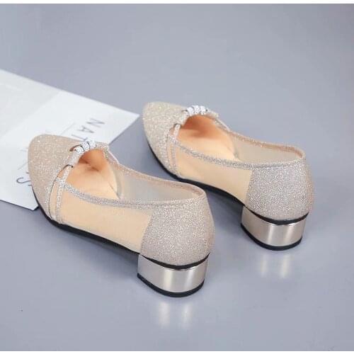 New Korean Style All-match Single Shoes Pointed Toe Polished Sequined Mesh Ladies Rhinestone Mid-heel Thick Heel Casual Sandals