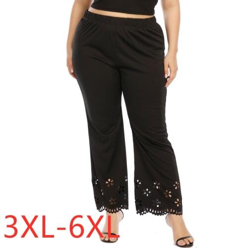 New ladies spring autumn plus size long pants for women large slim casual black hollow out straight trousers 3XL 4XL 5XL 6XL