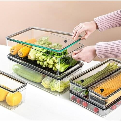 PET Refrigerator Food Storage Containers with Lid Drain Kitchen Separate Freezer Seal Bin for Vegetable Fruit Meat Organizer