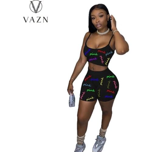 VAZN 2021 Summer Letter Sexy Bandage Bodycon Sleeveless Gym Clothing Fitness Suits 2 Piece Set Women Top And Pant