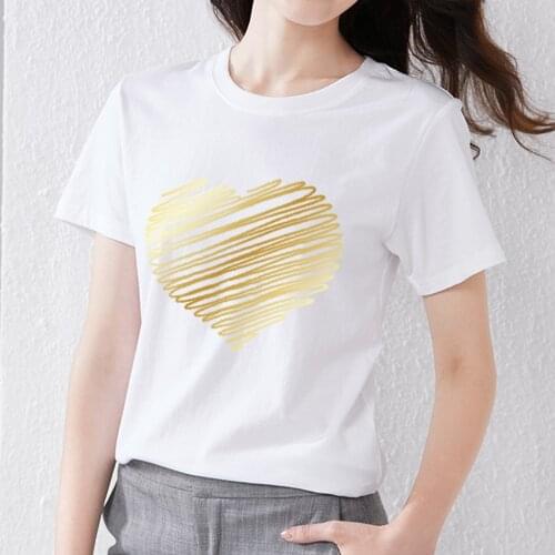 T-shirt Fashion Womens Summer Personality Fashion Golden Love Pattern Printing Polyester All-match Soft Commuter Ladies Top